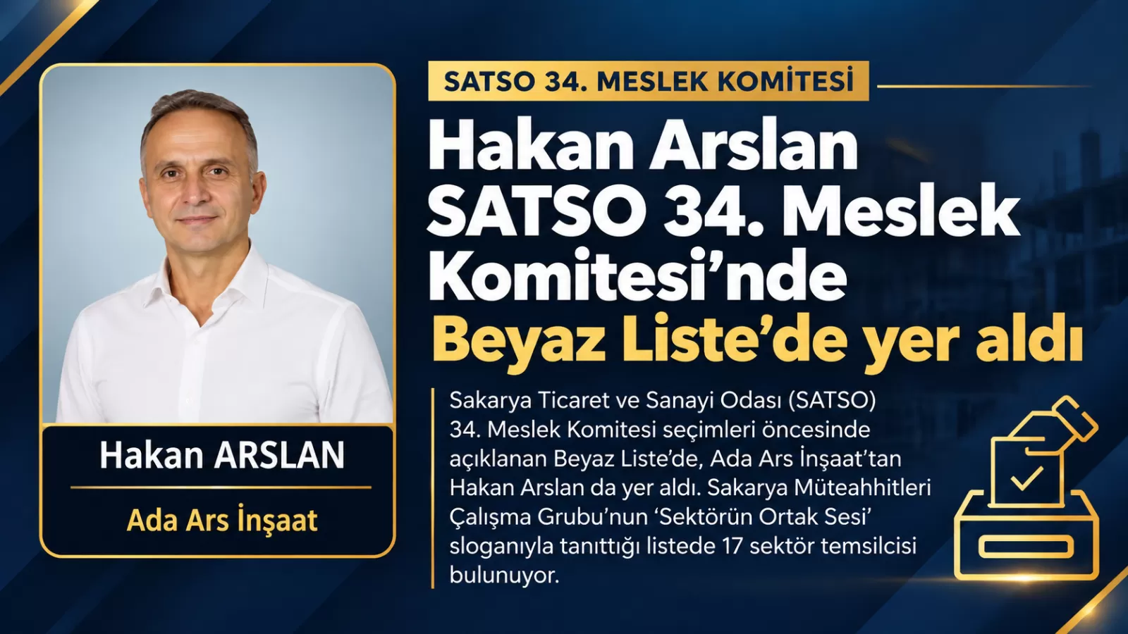 Hakan Arslan, SATSO 34. Meslek Komitesi Beyaz Liste’de