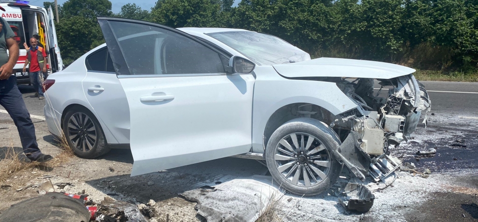 Kontrolden çıkan otomobil refüje çarpınca alev aldı